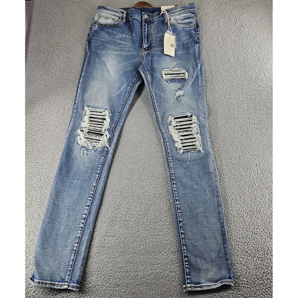 MNML Jeans Mens 36 Light Wash X203 Stretch Distressed Ripped Knees Skinny j